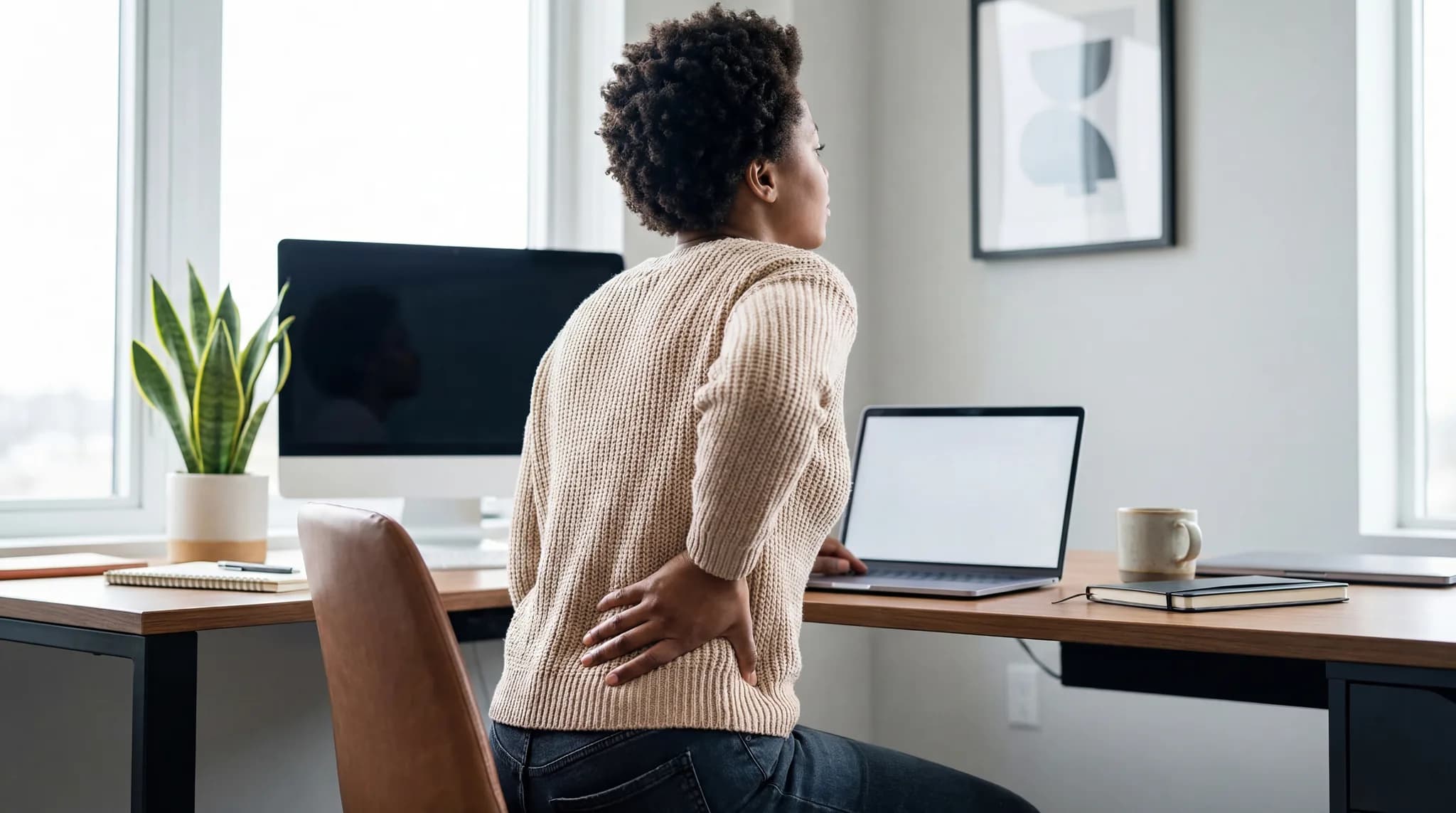 An employee performing workplace tasks with ergonomic awareness